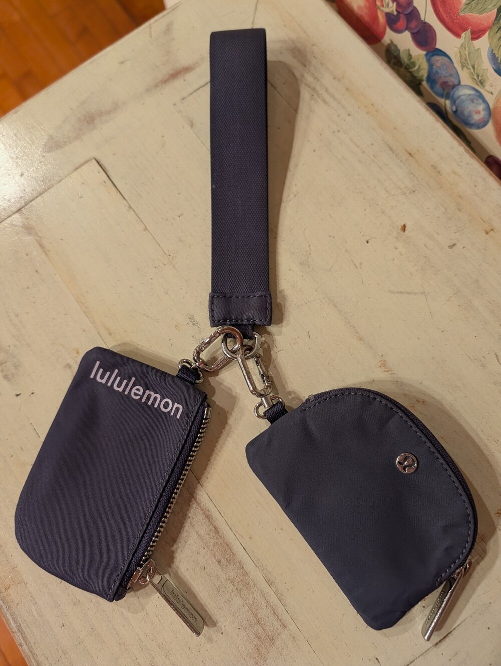 Lululemon Navy Blue Dual Wristlet With Light Purple Lettering Silver Hardware OS